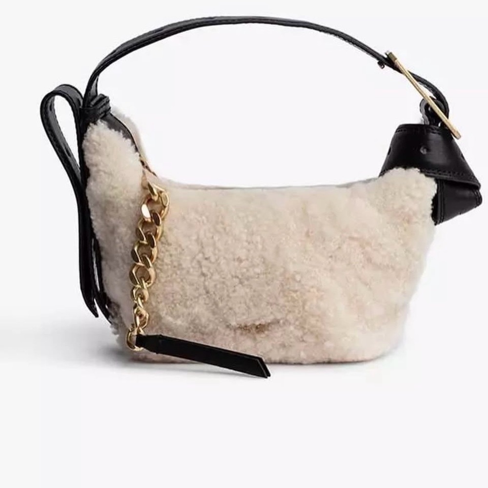 Zadig Voltaire Cream Shearling Shoulder Bag with Black Accents